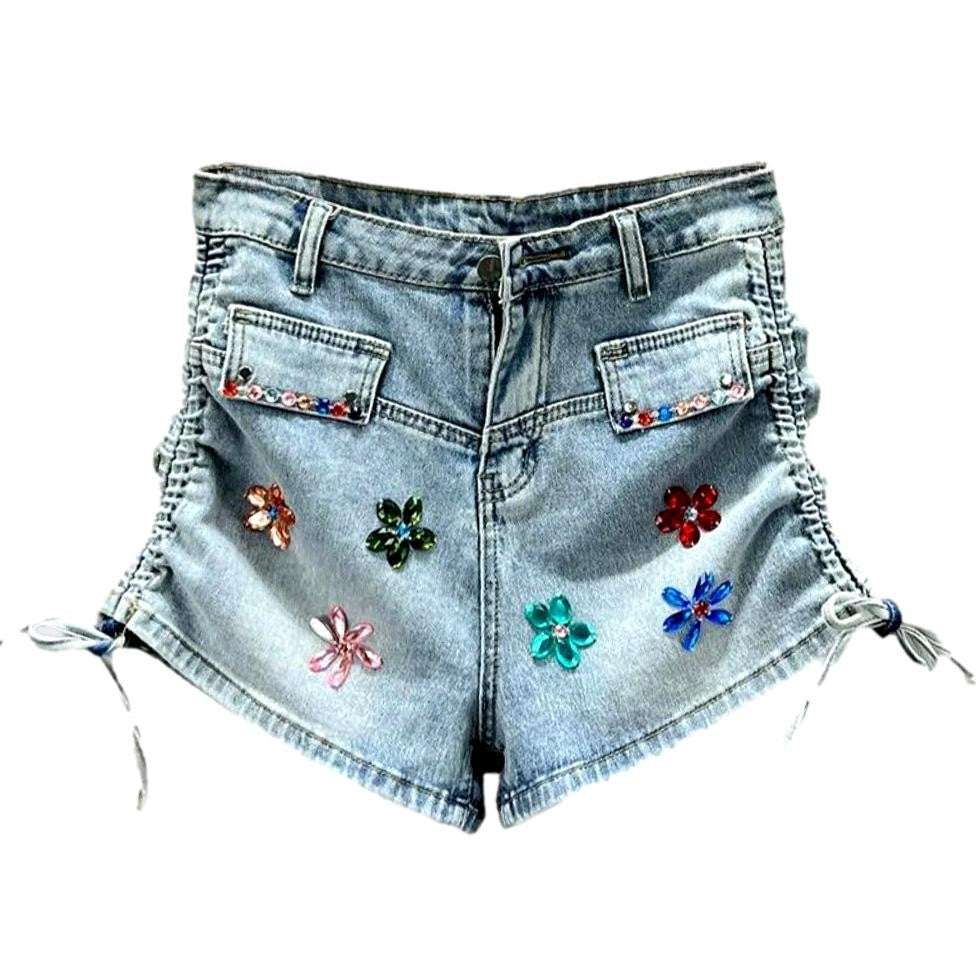 Flower embellished drawstrings denim shorts