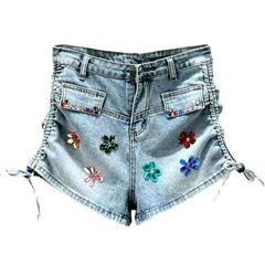 Flower embellished drawstrings denim shorts