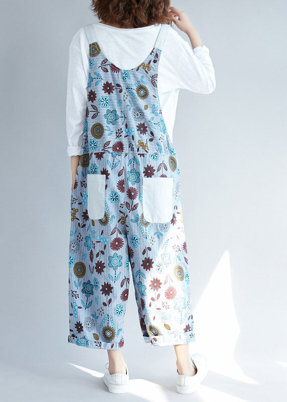 Casual light Grey pockets Patchwork Floral denim Jumpsuits