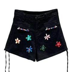 Flower embellished drawstrings denim shorts