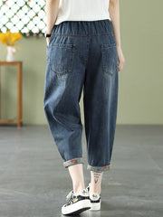 Vintage Artistic Retro Applique Denim Pants