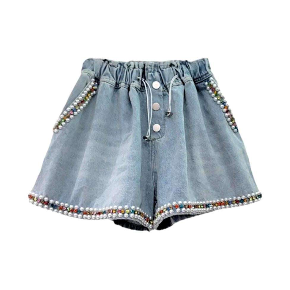 Color pearl embellished denim shorts