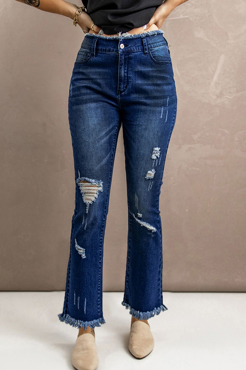 Baeful – Jeans mit hoher Taille und ungesäumtem Saum im Used-Look