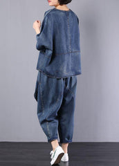 new denim blue cotton short sleeve o neck tops and big pockets pants two pieces