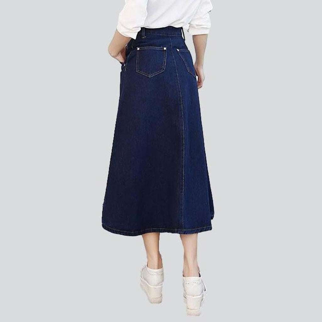 Long a-line buttoned denim skirt