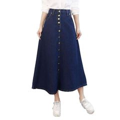 Long a-line buttoned denim skirt