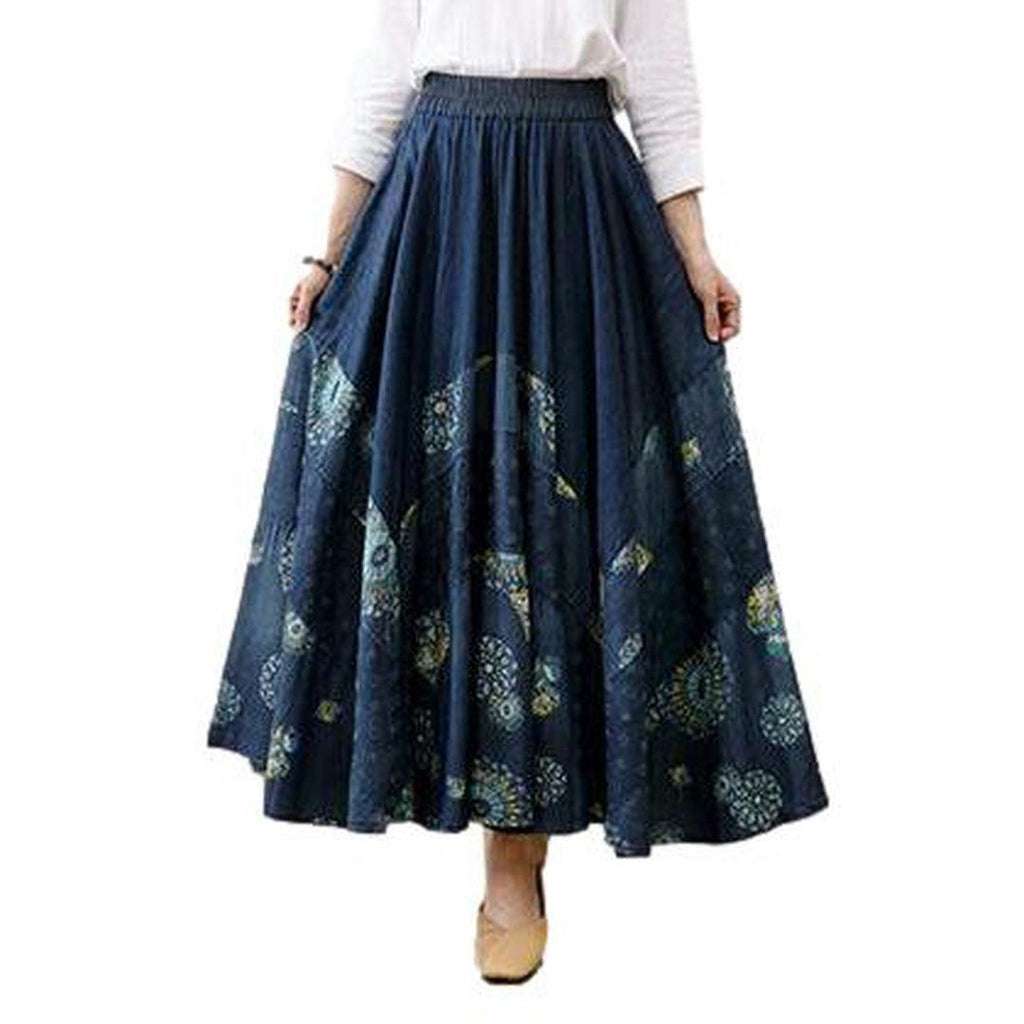 Flare embroidered long denim skirt