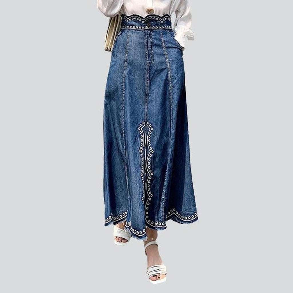 Embroidered oriental long denim skirt