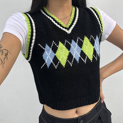 Theda Argyle Plaid Knitted Crop Vest