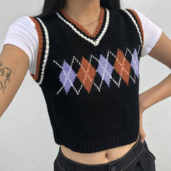 Theda Argyle Plaid Knitted Crop Vest