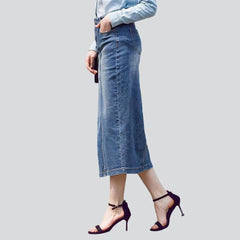 Side slit long denim skirt