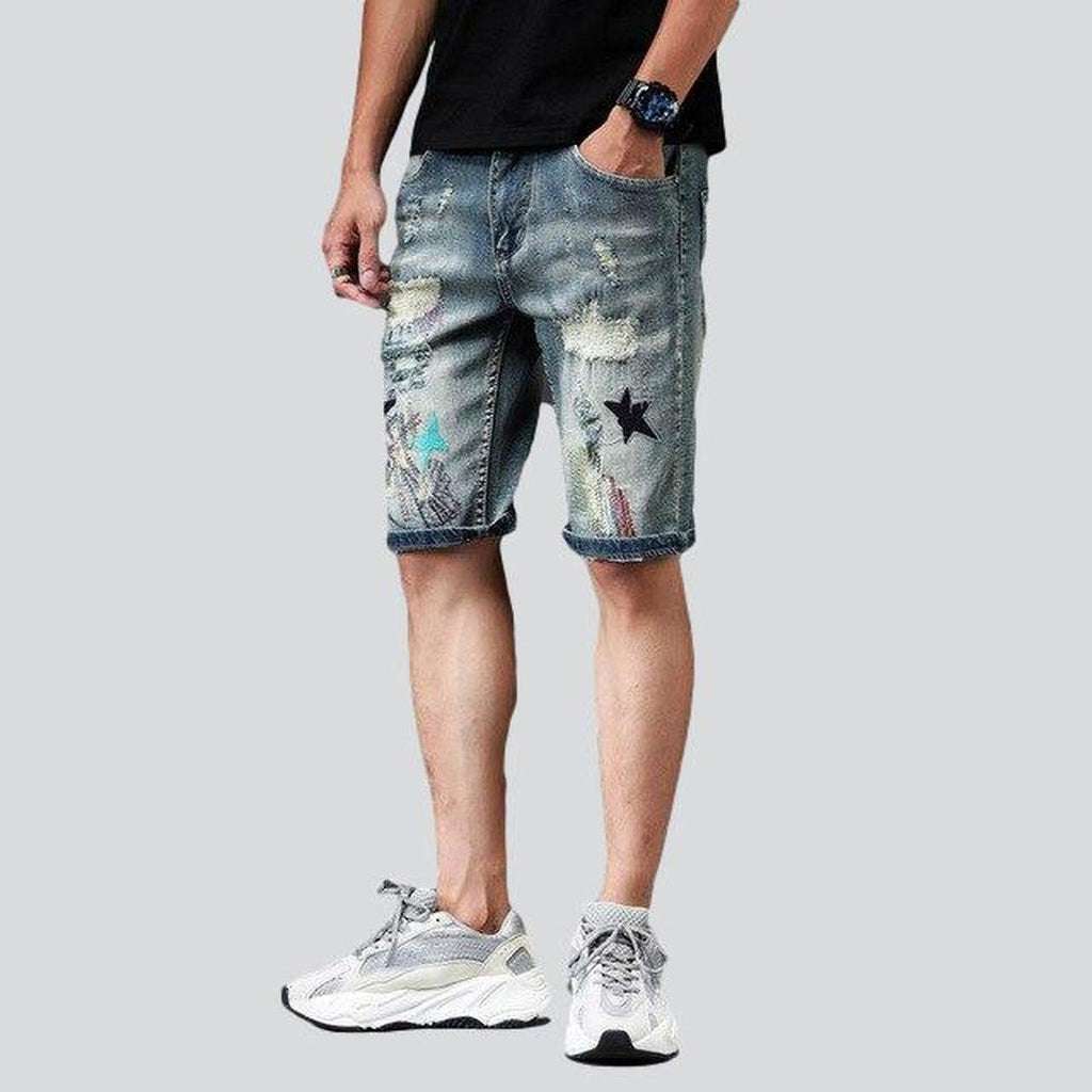 Embroidered jeans shorts for men