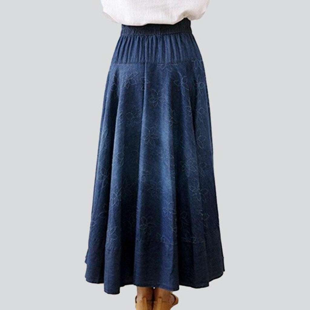 Embroidered flare long denim skirt