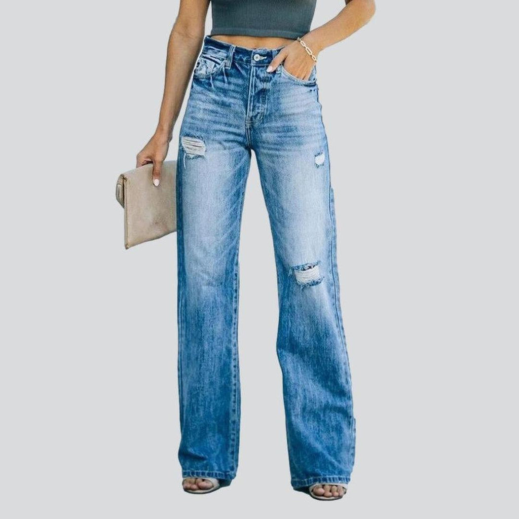 Wide leg women ripped jeans