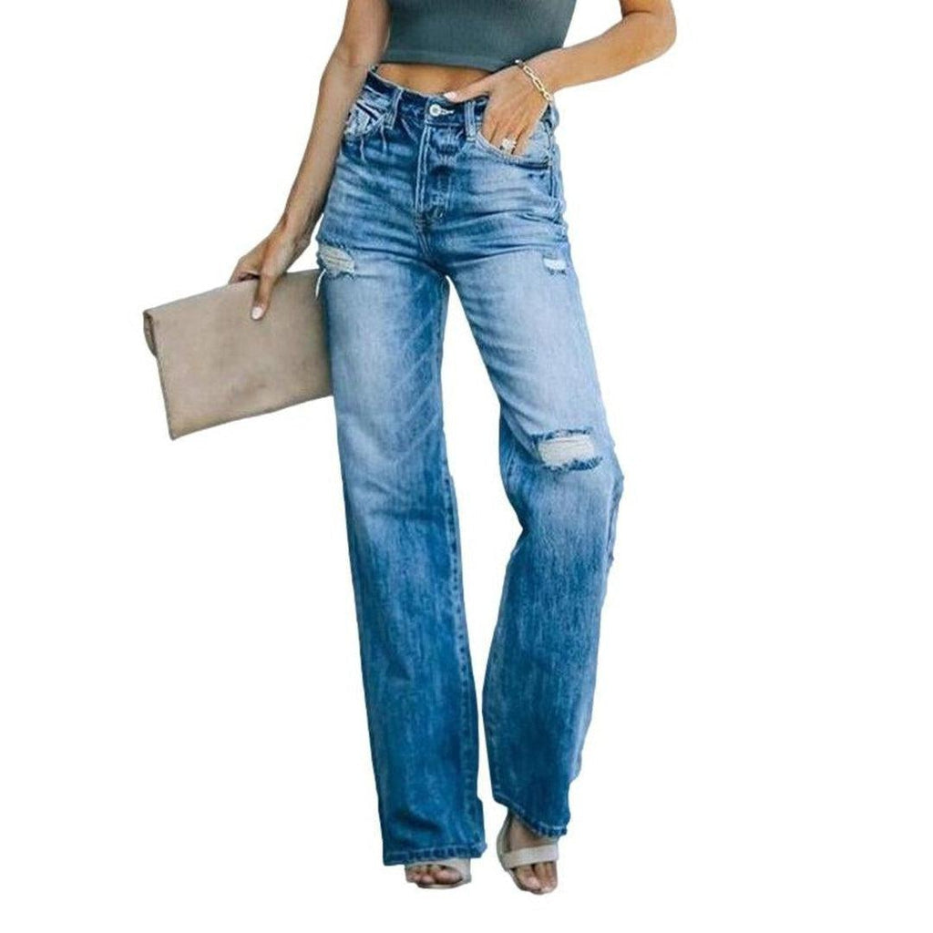 Wide leg women ripped jeans