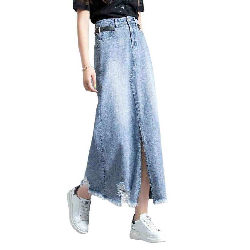 Ripped slit long denim skirt