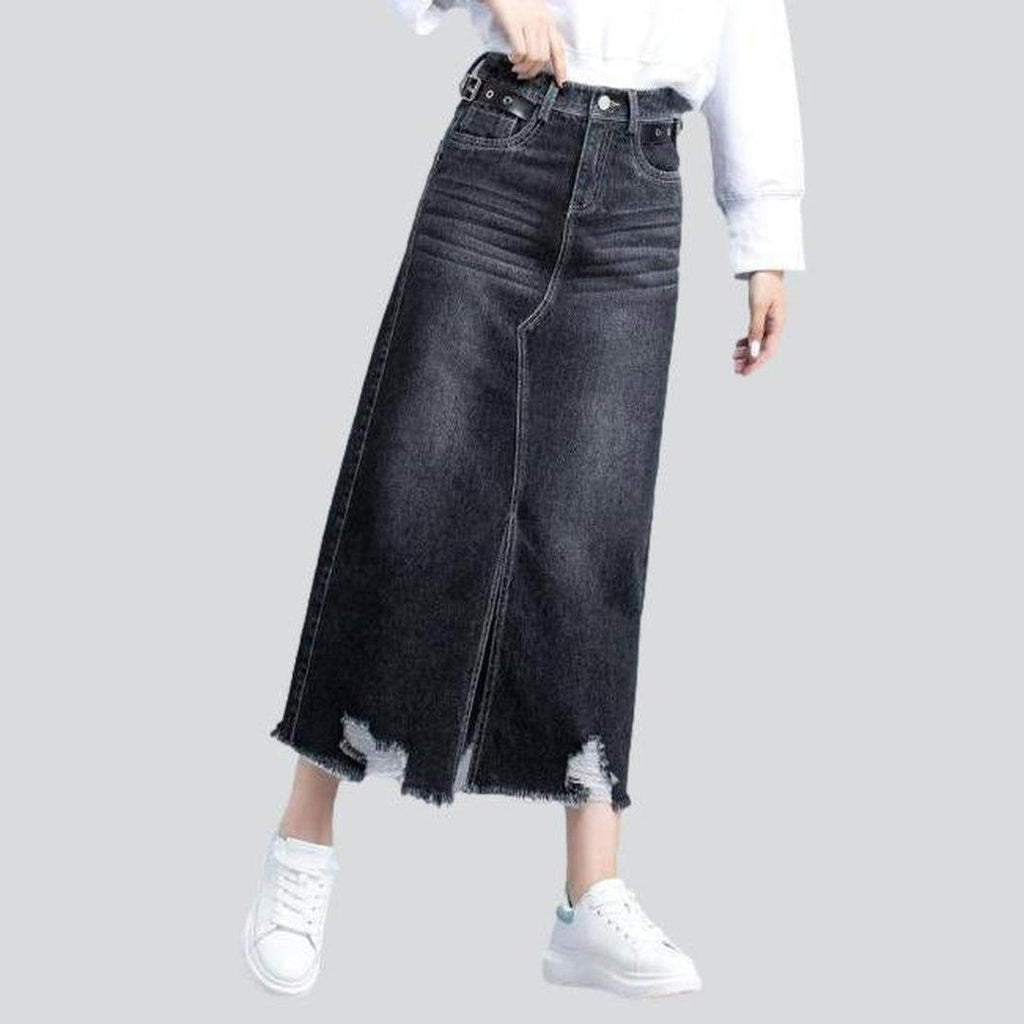 Ripped slit long denim skirt