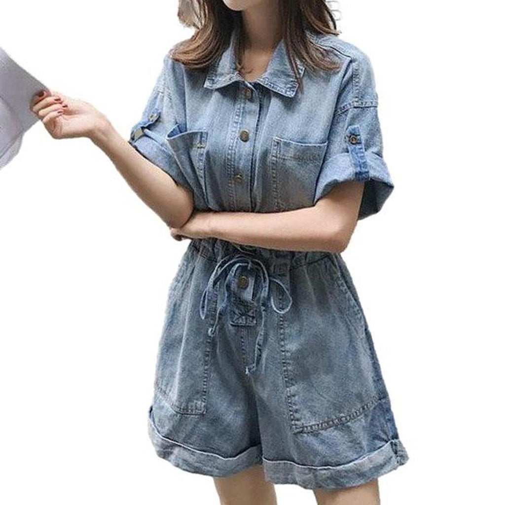 Wide leg denim overall shorts