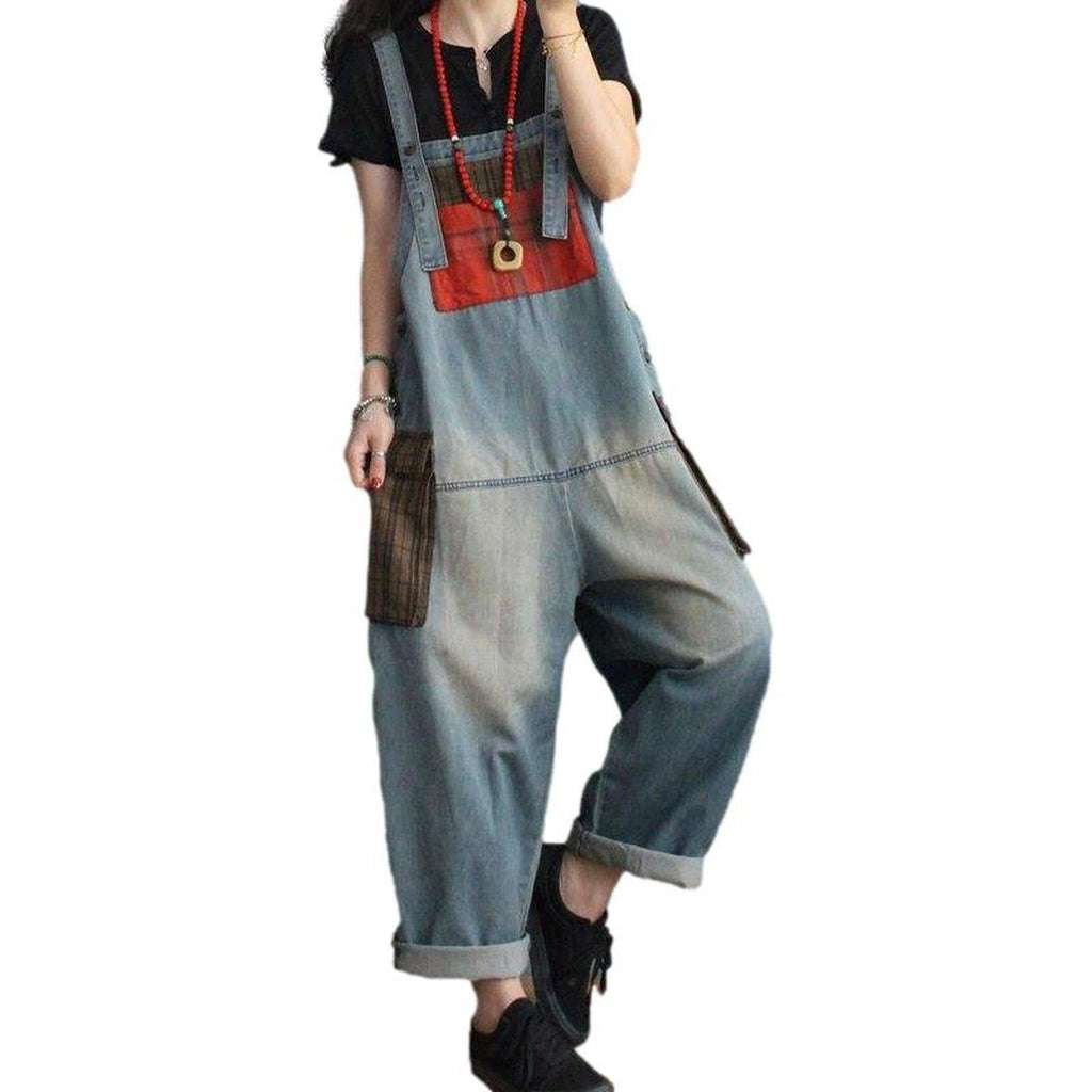 Checkered pockets women denim overall