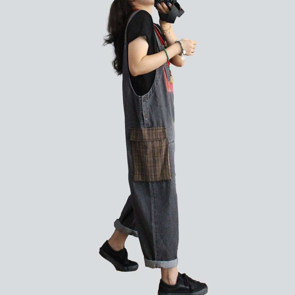 Checkered pockets women denim overall