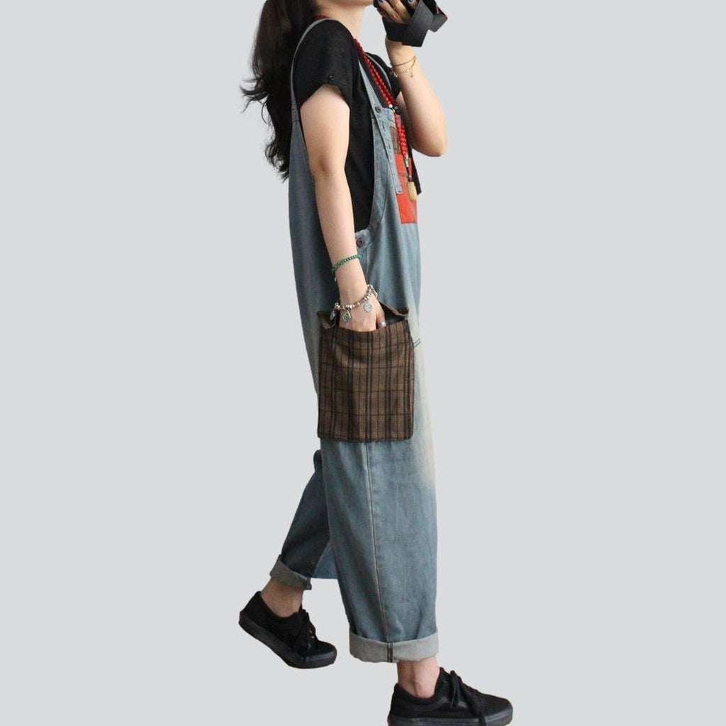 Checkered pockets women denim overall