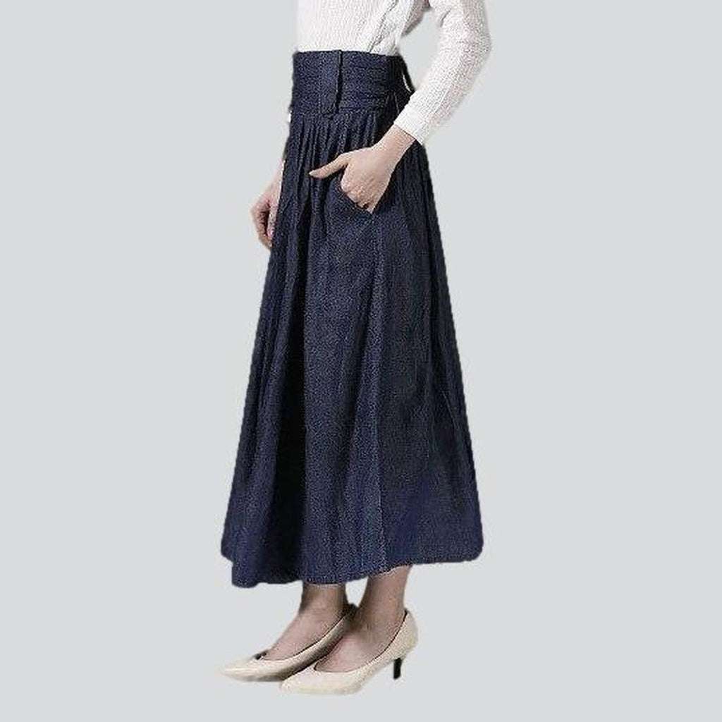 Flare navy long denim skirt