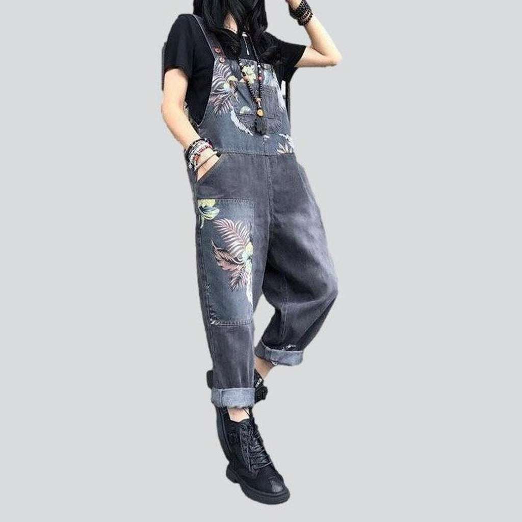 Flower painted grey denim overall