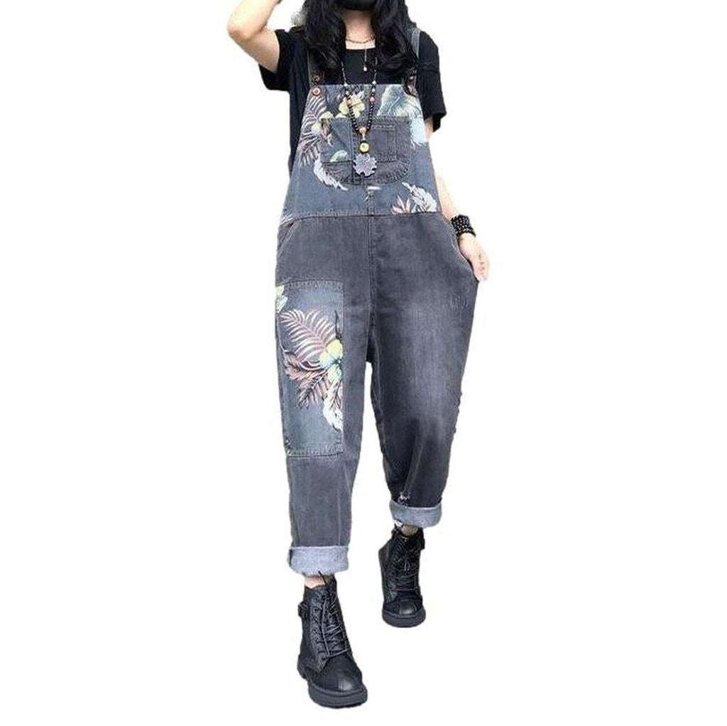 Flower painted grey denim overall