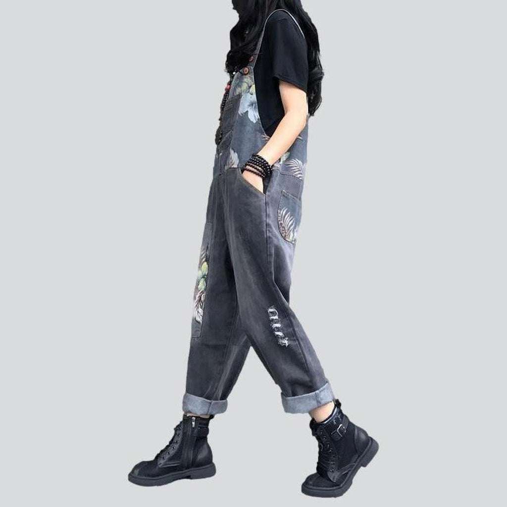 Flower painted grey denim overall