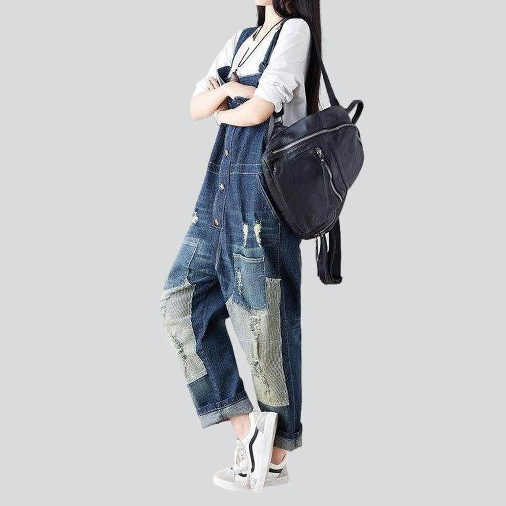 Patched ripped women jeans overall