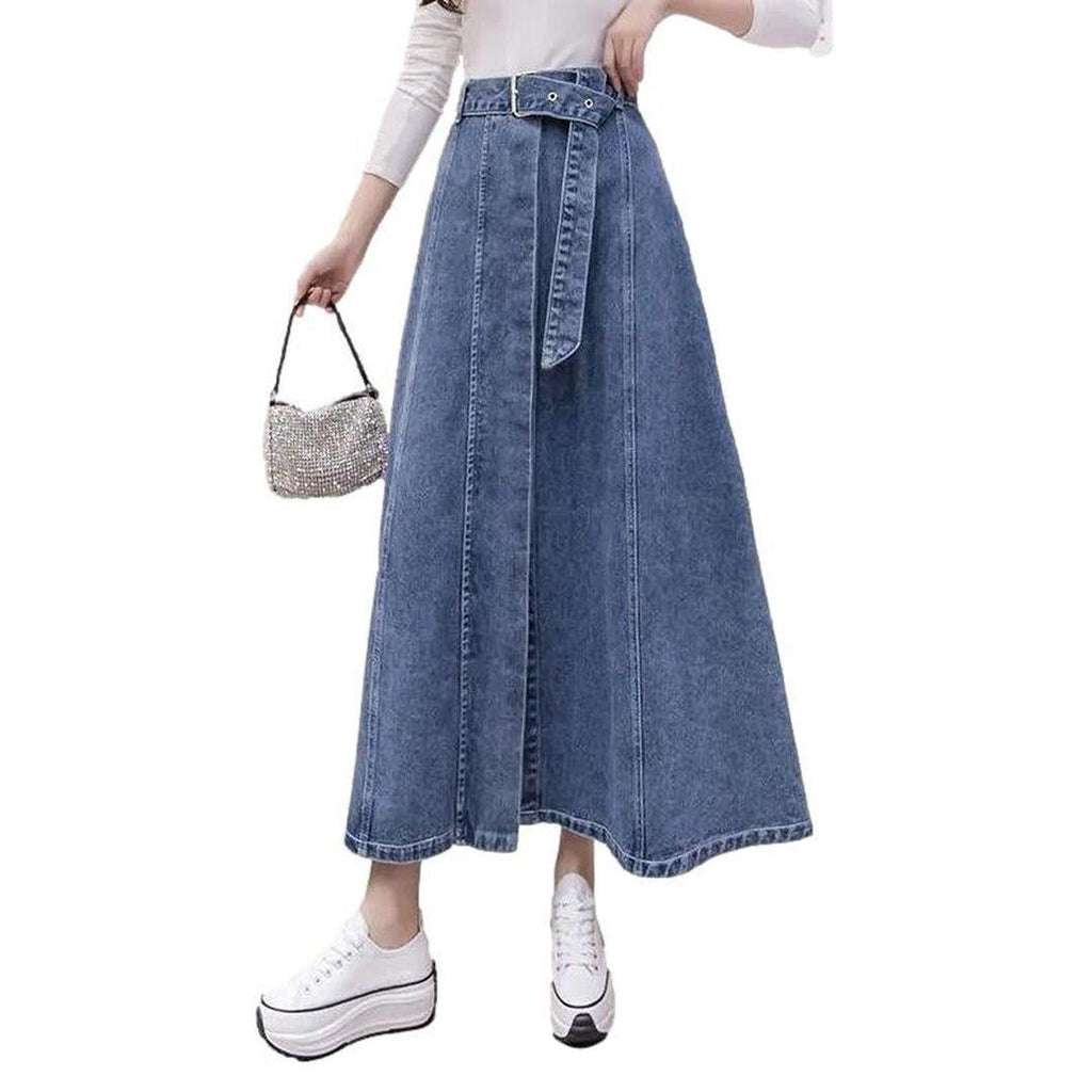 Long denim skirt with belt