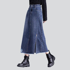 Ripped edge long denim skirt