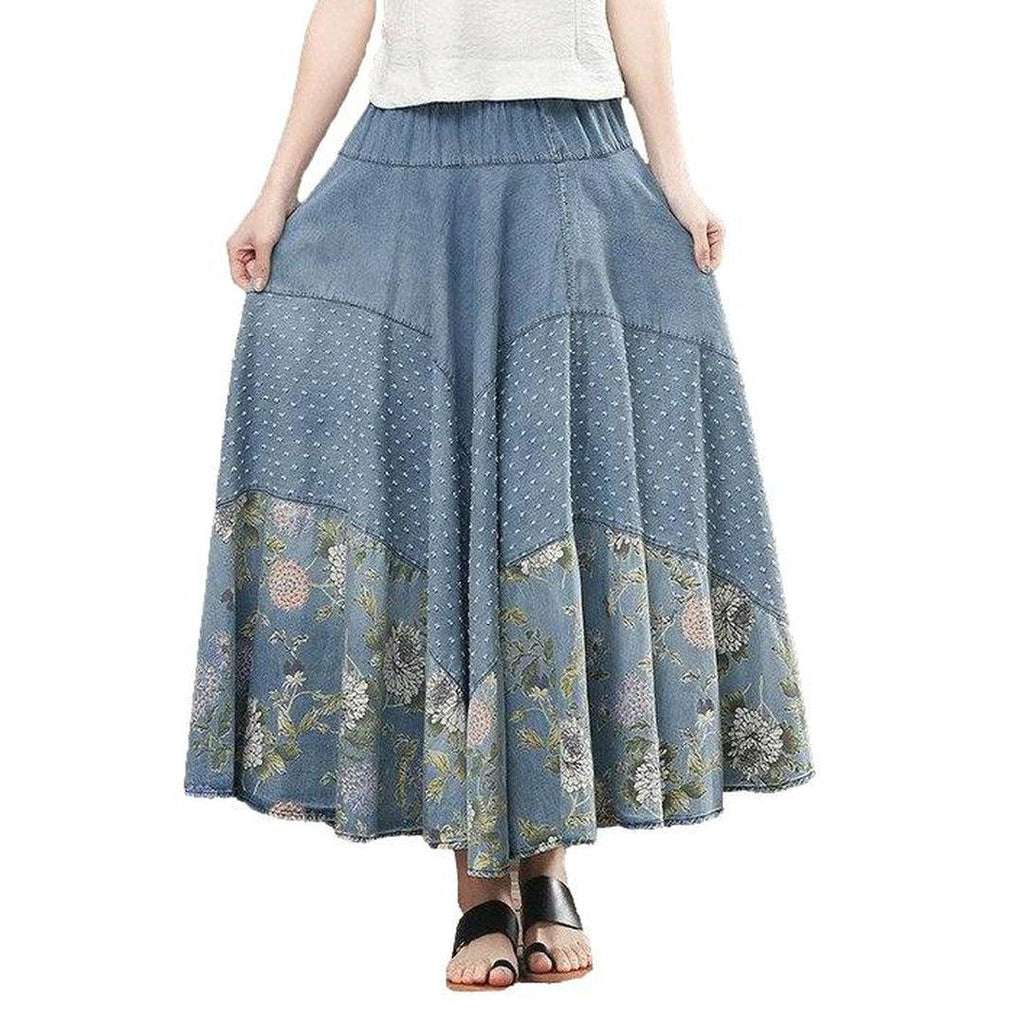 Flare painted long denim skirt