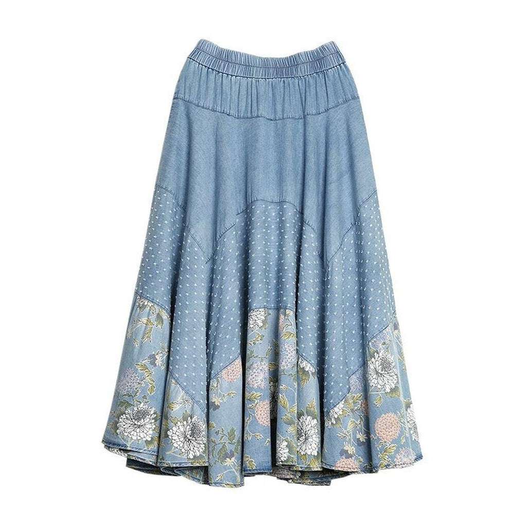 Flare painted long denim skirt