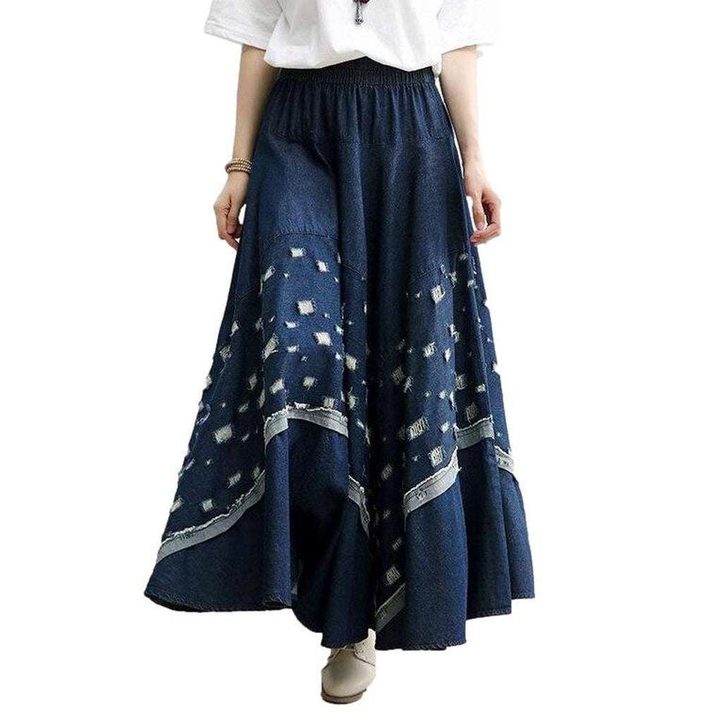 Fit and flare embroidered denim skirt