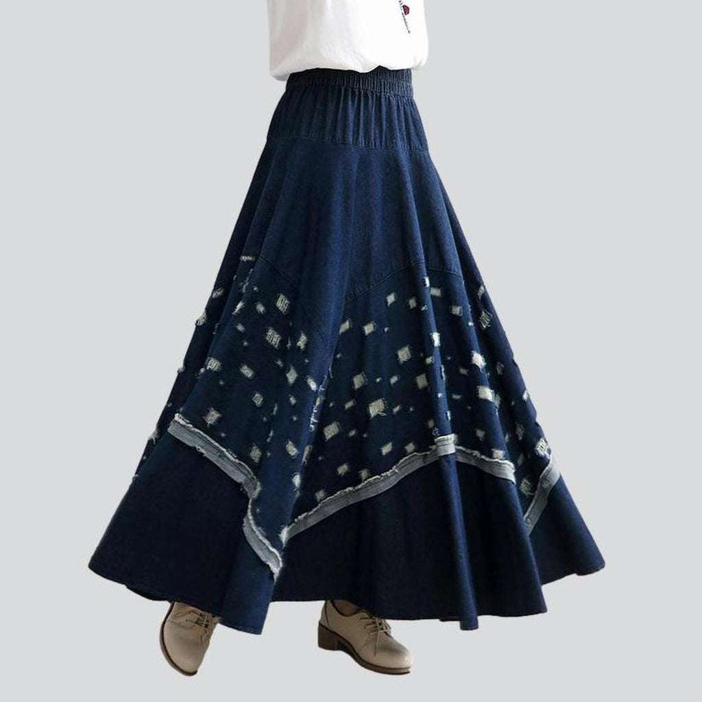 Fit and flare embroidered denim skirt