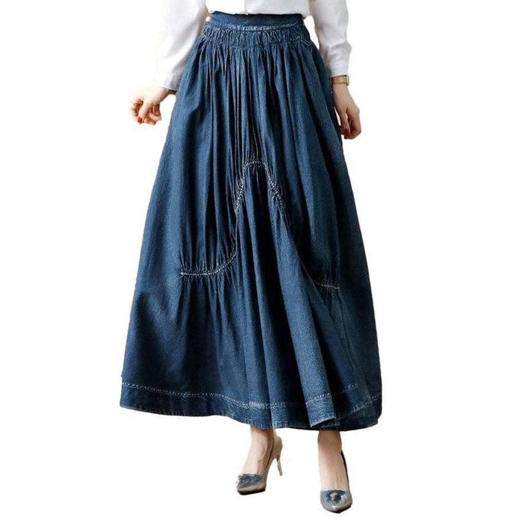 Fit and flare long denim skirt