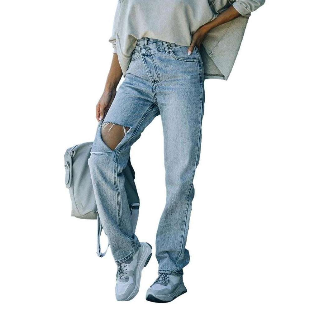 Asymmetric distressed wide leg jeans