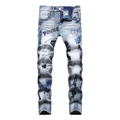 Light wash men embroidered jeans