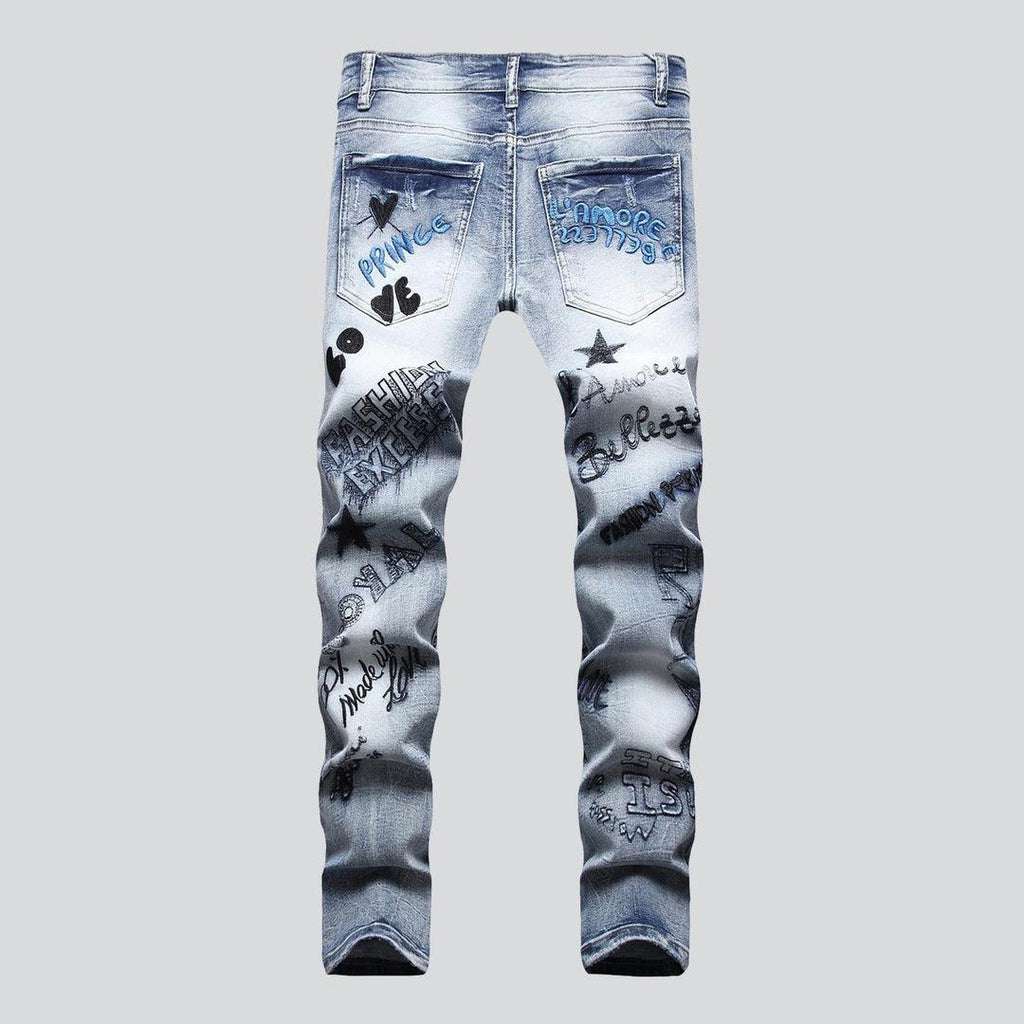 Light wash men embroidered jeans