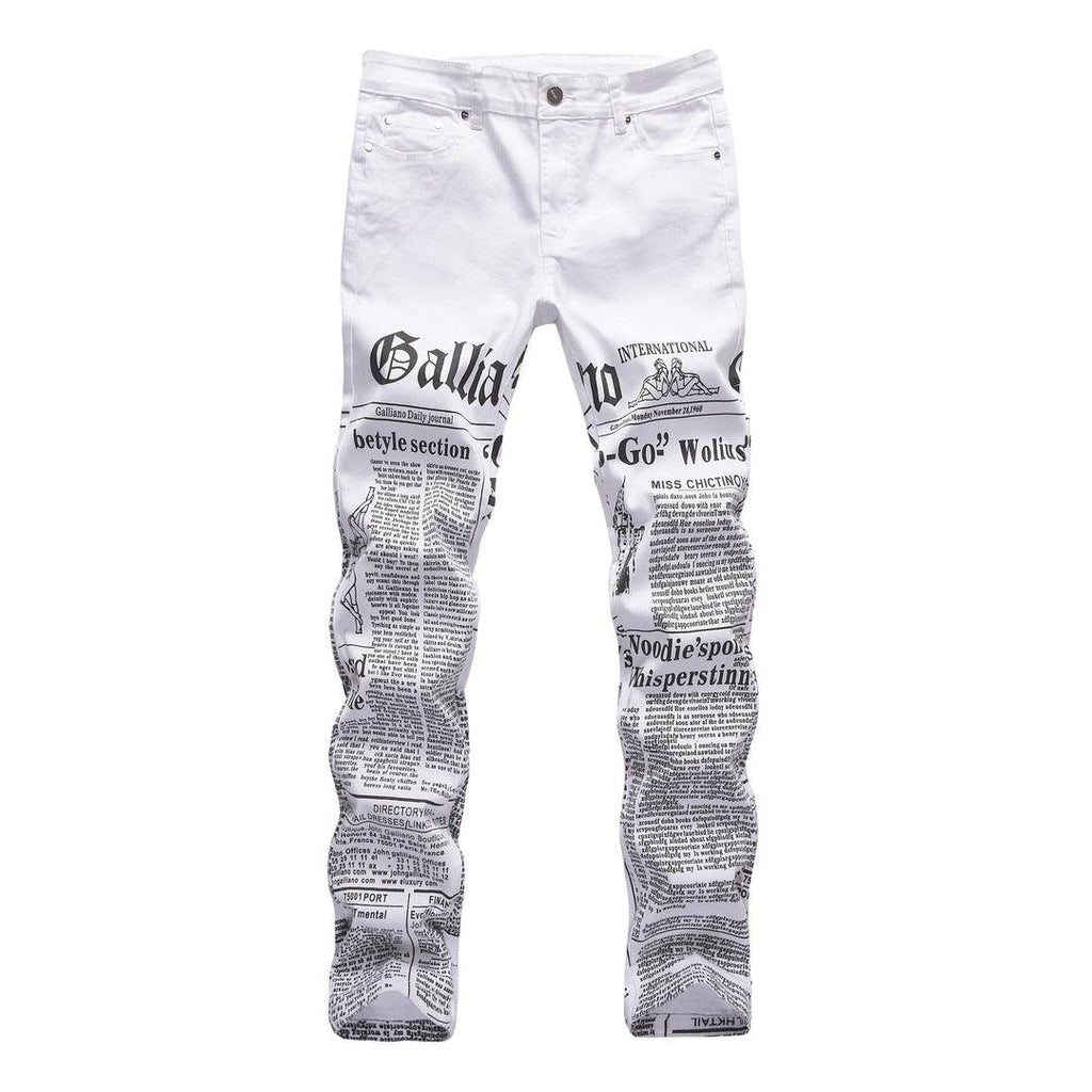 Newspaper print men white jeans