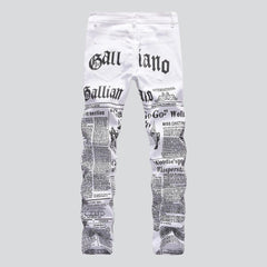 Newspaper print men white jeans