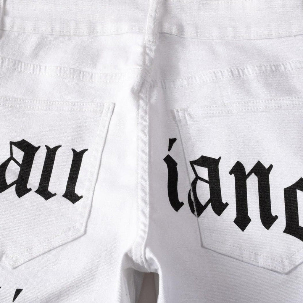 Newspaper print men white jeans