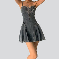 Mini denim dress with drawstrings