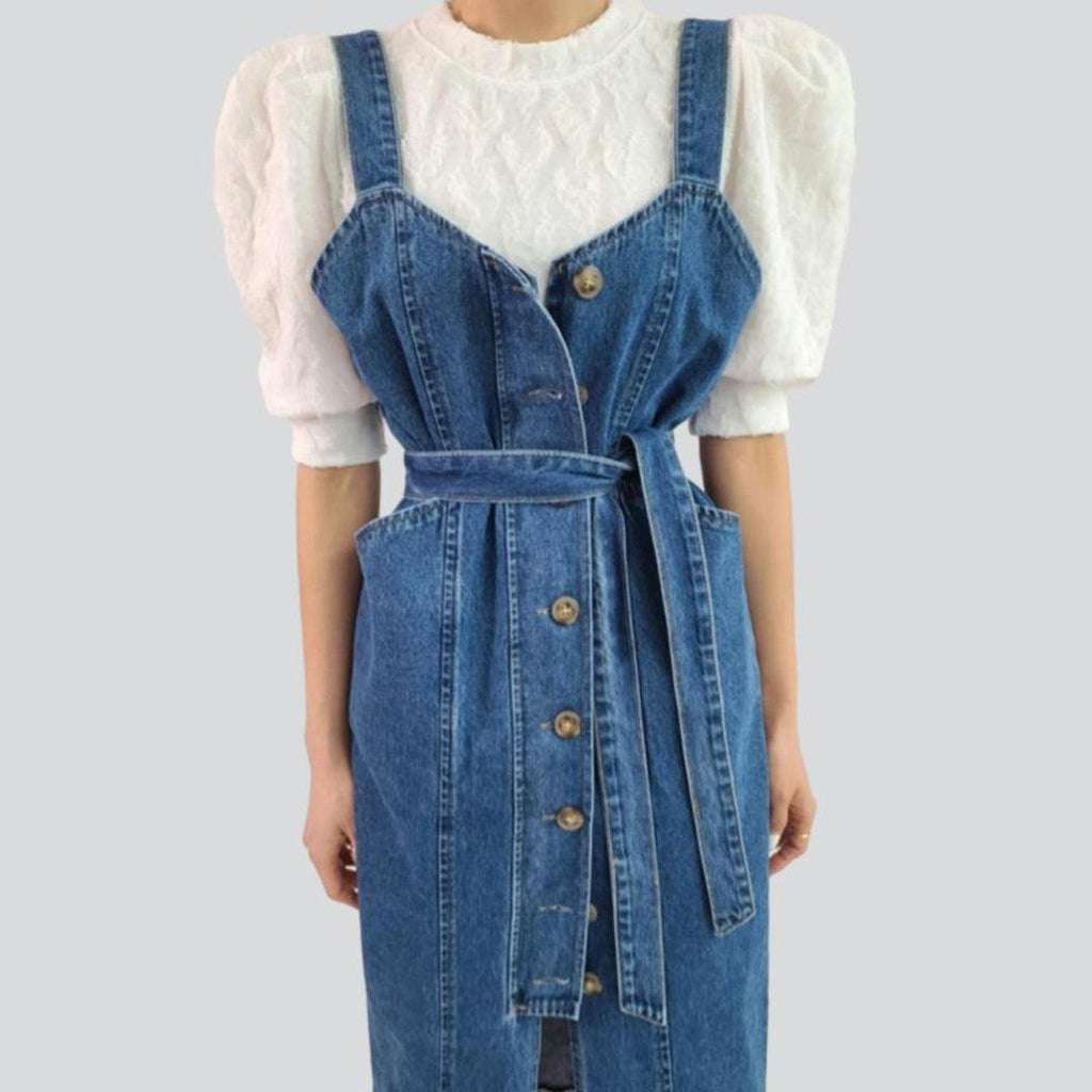 denim dress with suspenders Stampede Buckle Dress-Denim