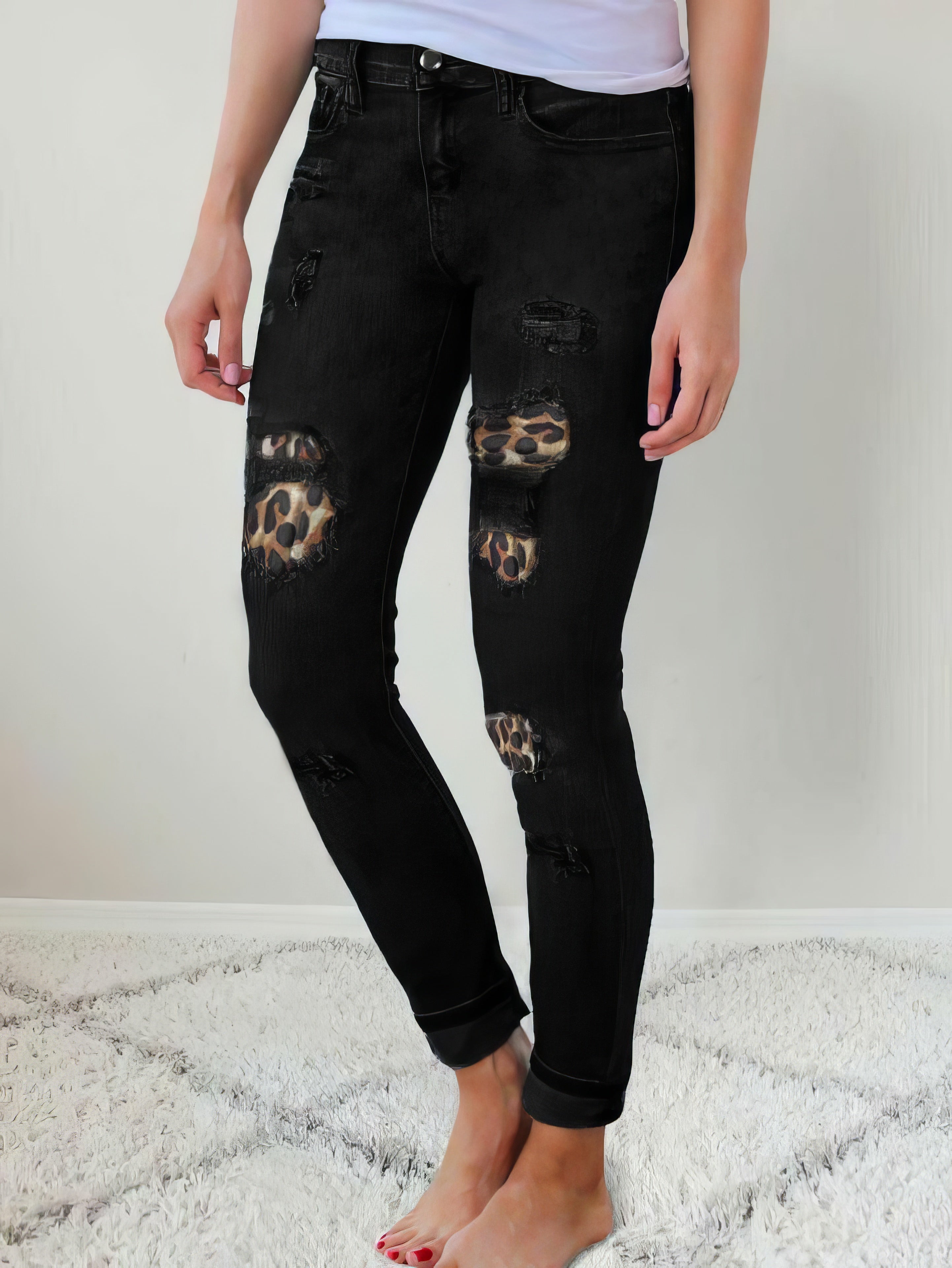 Skinny Leopard Print Ripped Stretch Jeans