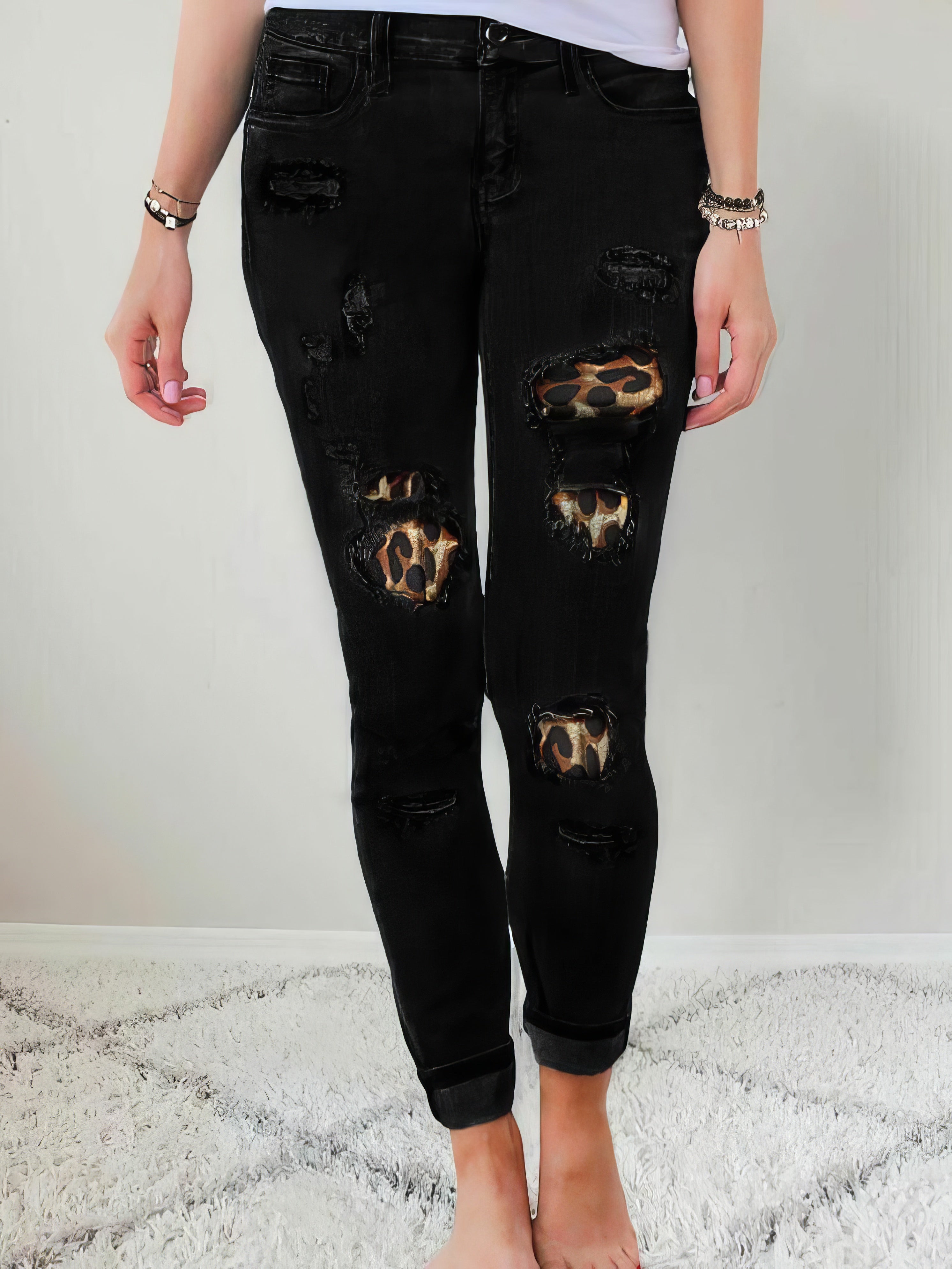 Skinny Leopard Print Ripped Stretch Jeans