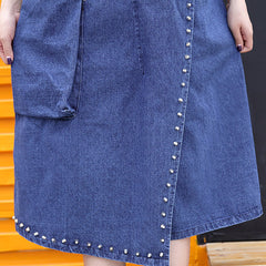 stylish denim blue Midi-length cotton dress Loose fitting cotton maxi dress Fine rivet decorated sleeveless knee dresses