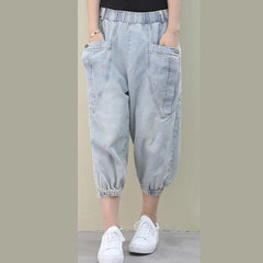 tyle wild pants plus size clothing light denim blue Work pockets trousers