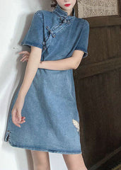 Vintage Blau Stehkragen taste Bestickt Denim Kleider Kurzarm